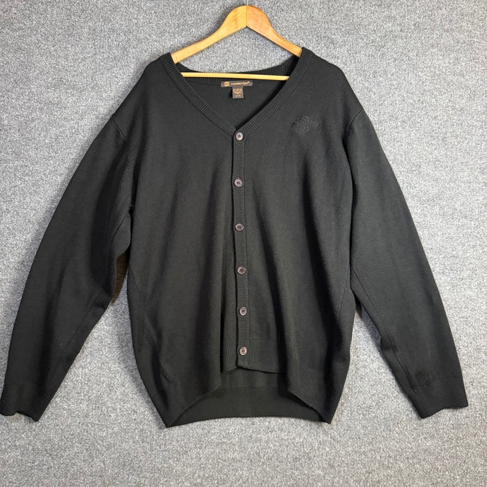 Harriton Mens Sweater Black Size XL Embroidered Logo Button Up Cardigan